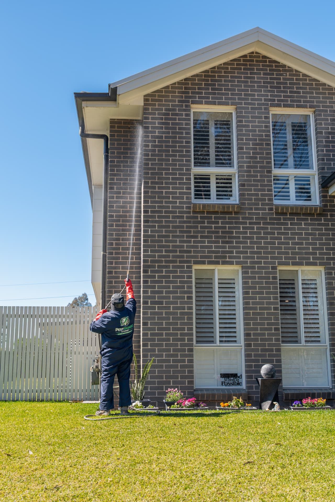 External perimeter pest spray applied up a downpipe and brick wall on a Sydney home