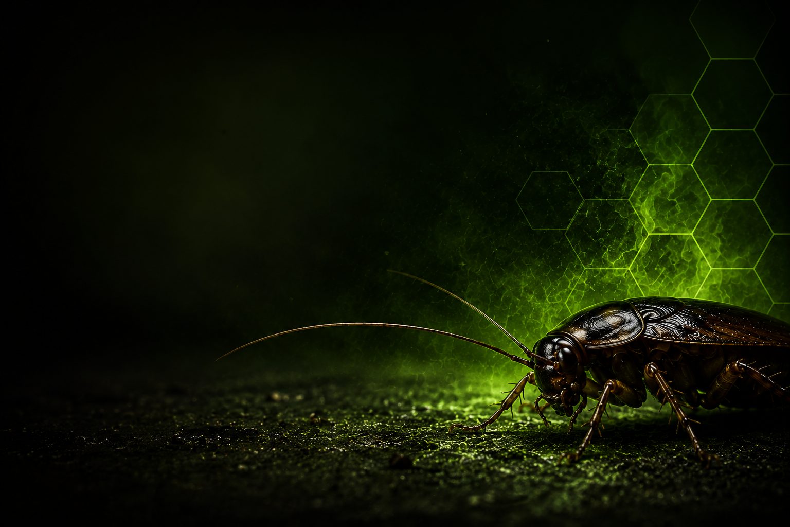 Close-up of a cockroach on concrete lit by green light, PestGuard Sydney pest advice