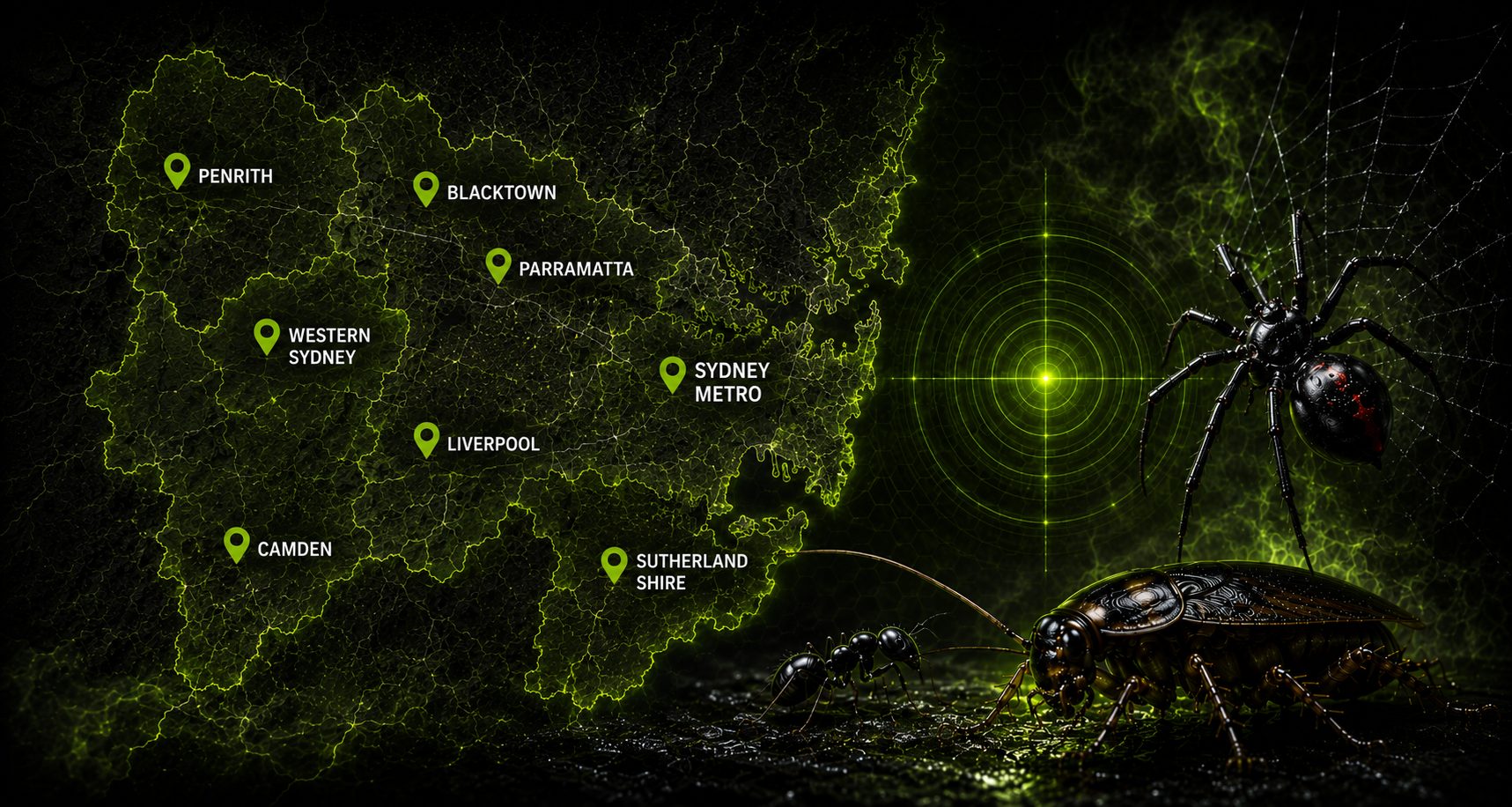 Map of Sydney pest control service areas covering Penrith, Blacktown, Parramatta, Western Sydney, Liverpool, Camden and Sutherland Shire