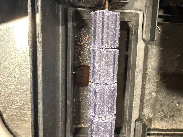 Rodent bait block installed inside a station at a garage doorway